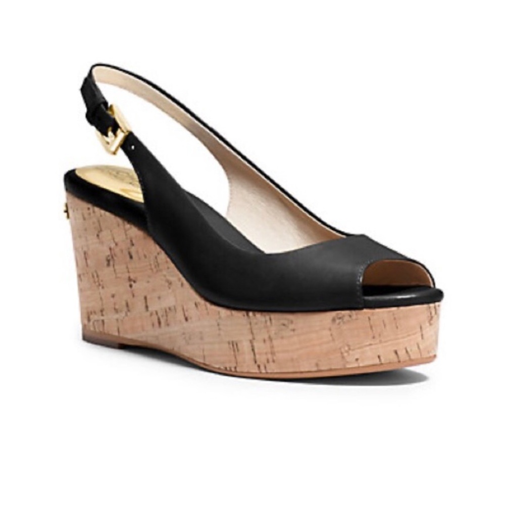 SALE🔥Michael Kors Natalia black leather sling cork wedge size 6M-Like New